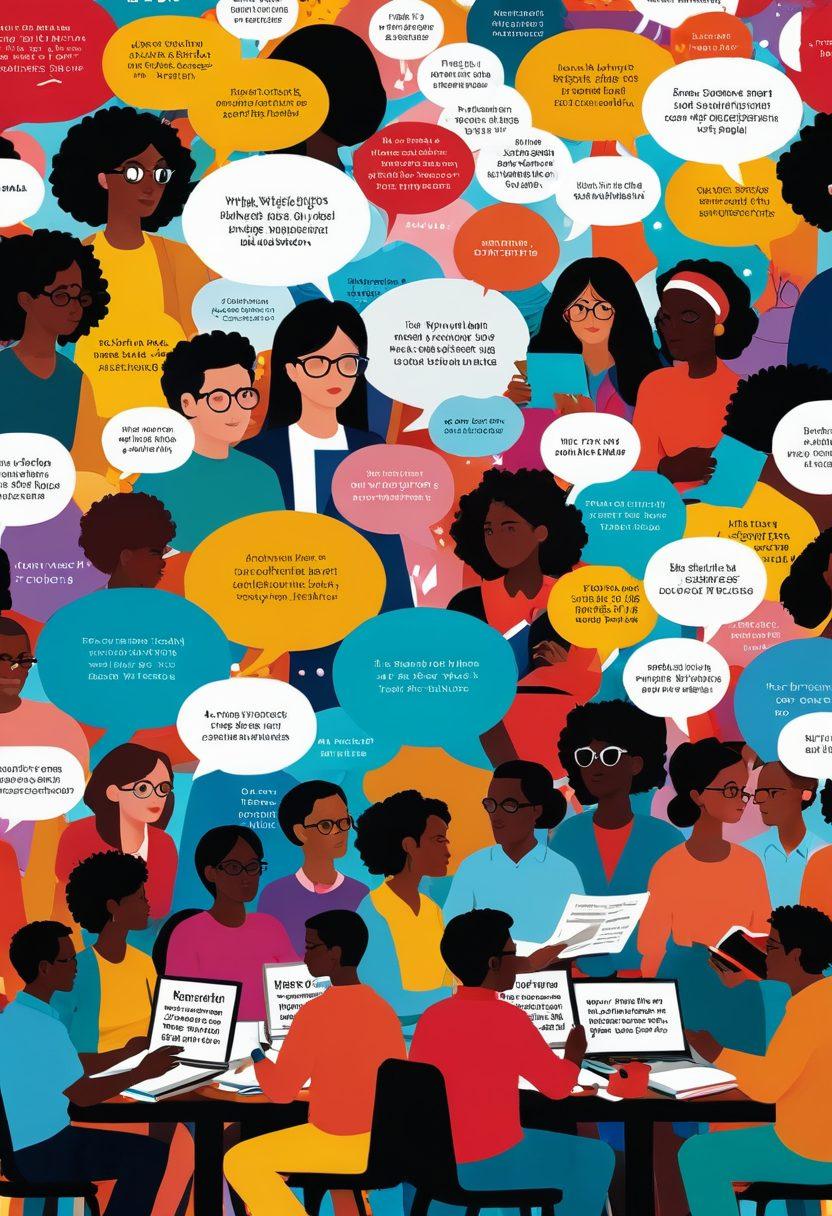 A vibrant digital collage showcasing diverse individuals engaged in online discussions about books, with speech bubbles containing literary quotes. The background features a mix of classic and modern literary elements like bookshelves, laptops, and coffee cups. The scene is dynamic, blending together different cultures and ideas, emphasizing connection through literature. colorful, flat design, high contrast.