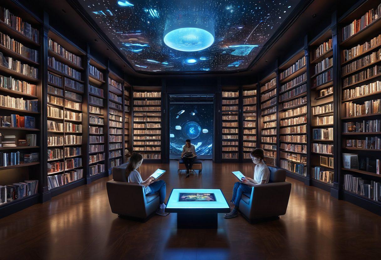 A futuristic library filled with diverse digital platforms, showcasing virtual books, tablets, and holographic displays. People of various ages immersing themselves in reading, surrounded by floating text and vibrant digital art. Soft, warm lighting enhances a cozy atmosphere, symbolizing the evolution of reading culture. Super-realistic. Vibrant colors. 3D.