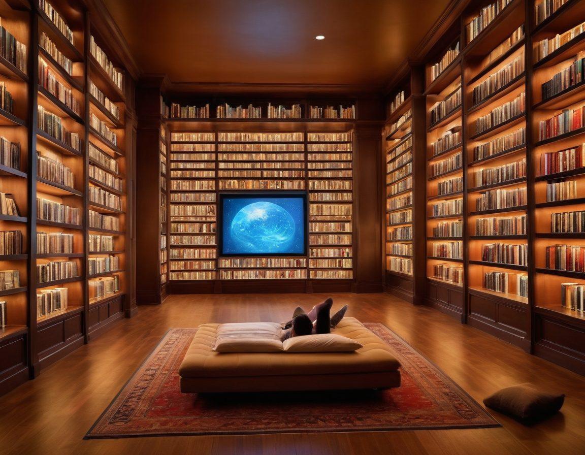 A futuristic library filled with floating digital books, showcasing diverse readers engaged in immersive e-reading experiences. Include holographic displays of popular e-books and a serene ambiance with glowing screens. Capture a blend of modern technology and classic literature elements to signify the evolution of reading. trendy, super-realistic, vibrant colors.